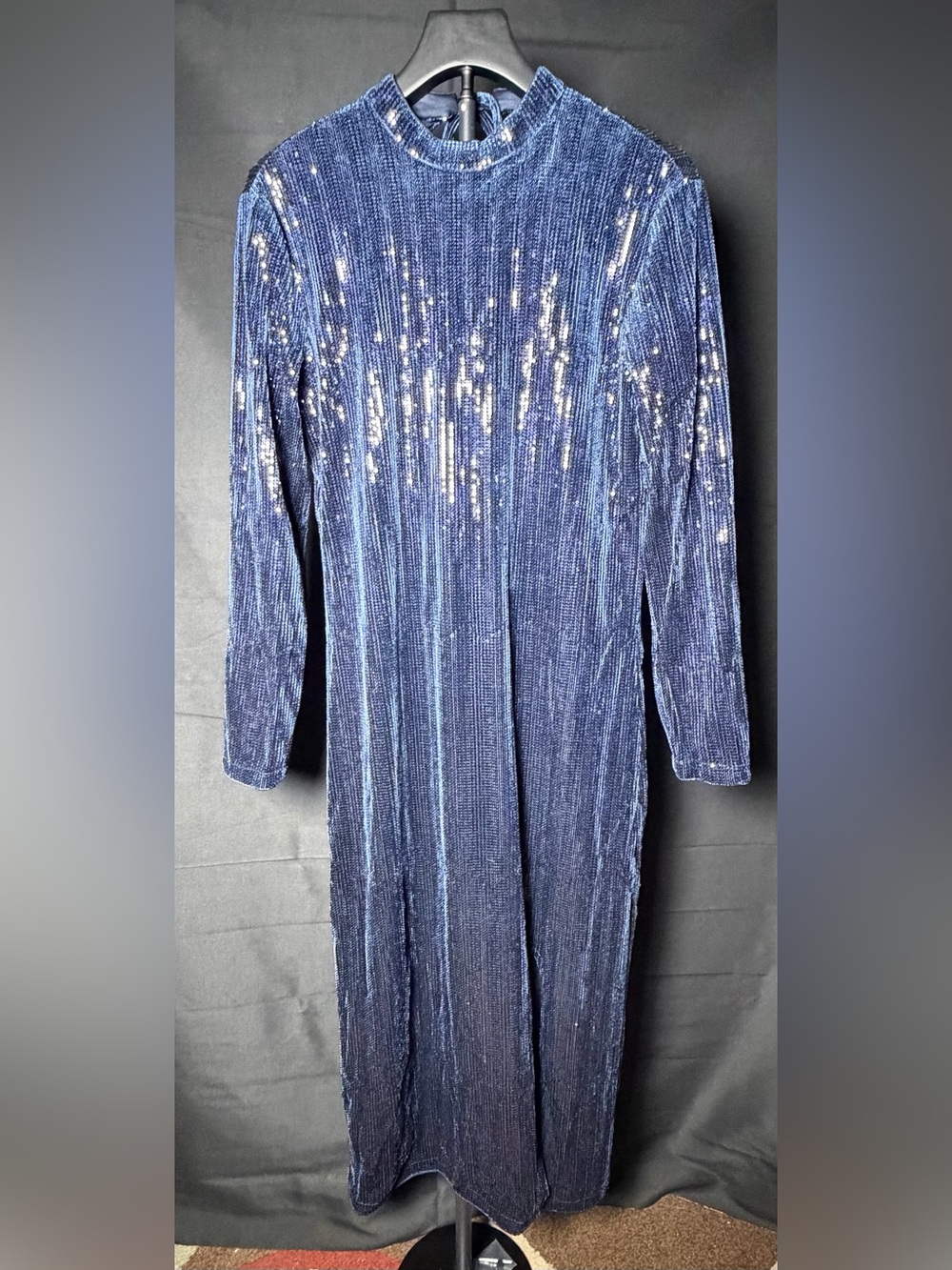 NWT FRNCH Paris Mady Sequin Velvet Plissé Mock Neck Midi Dress Blue M